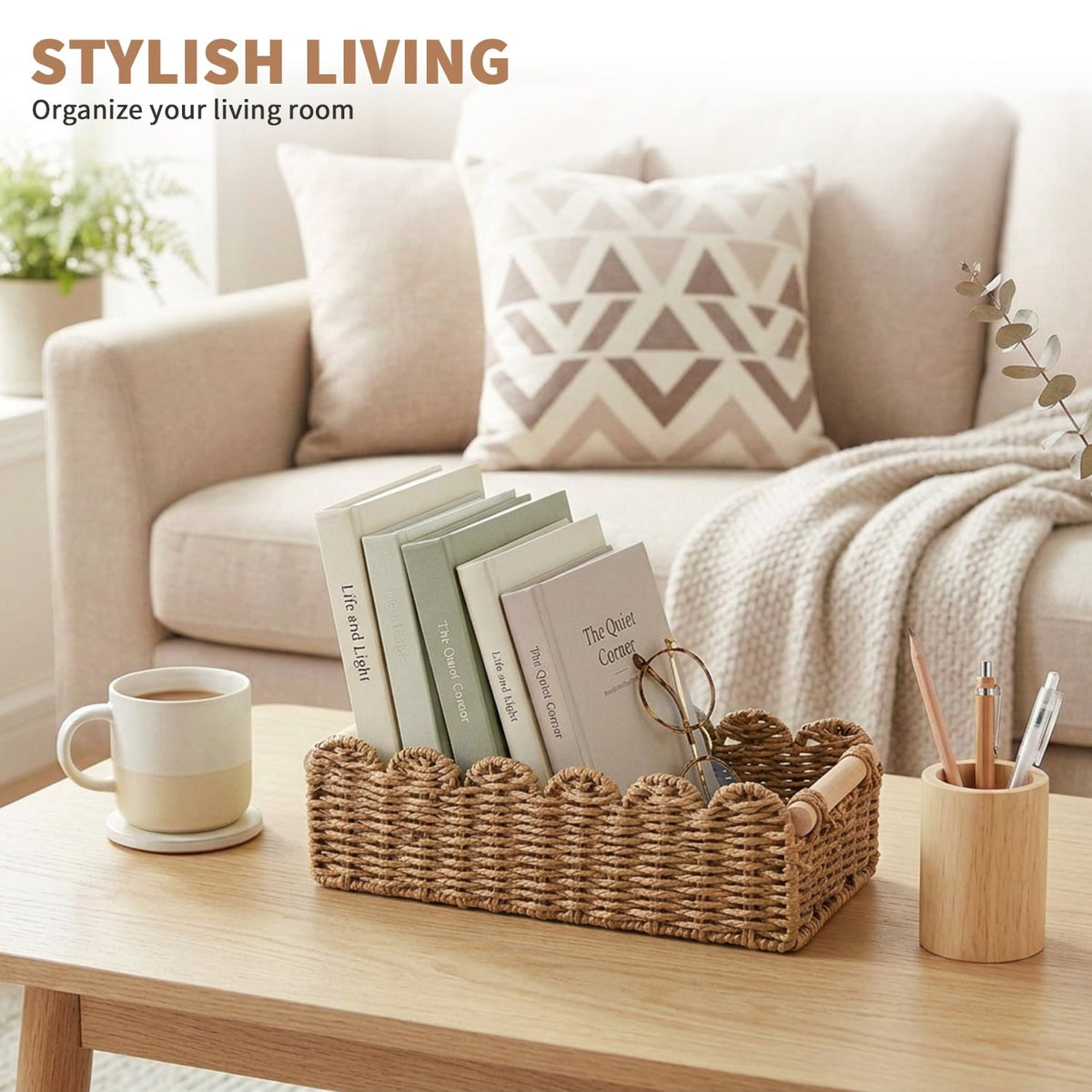 Wicker Baskets with Wood Handles, Rectangular, 2 Pack