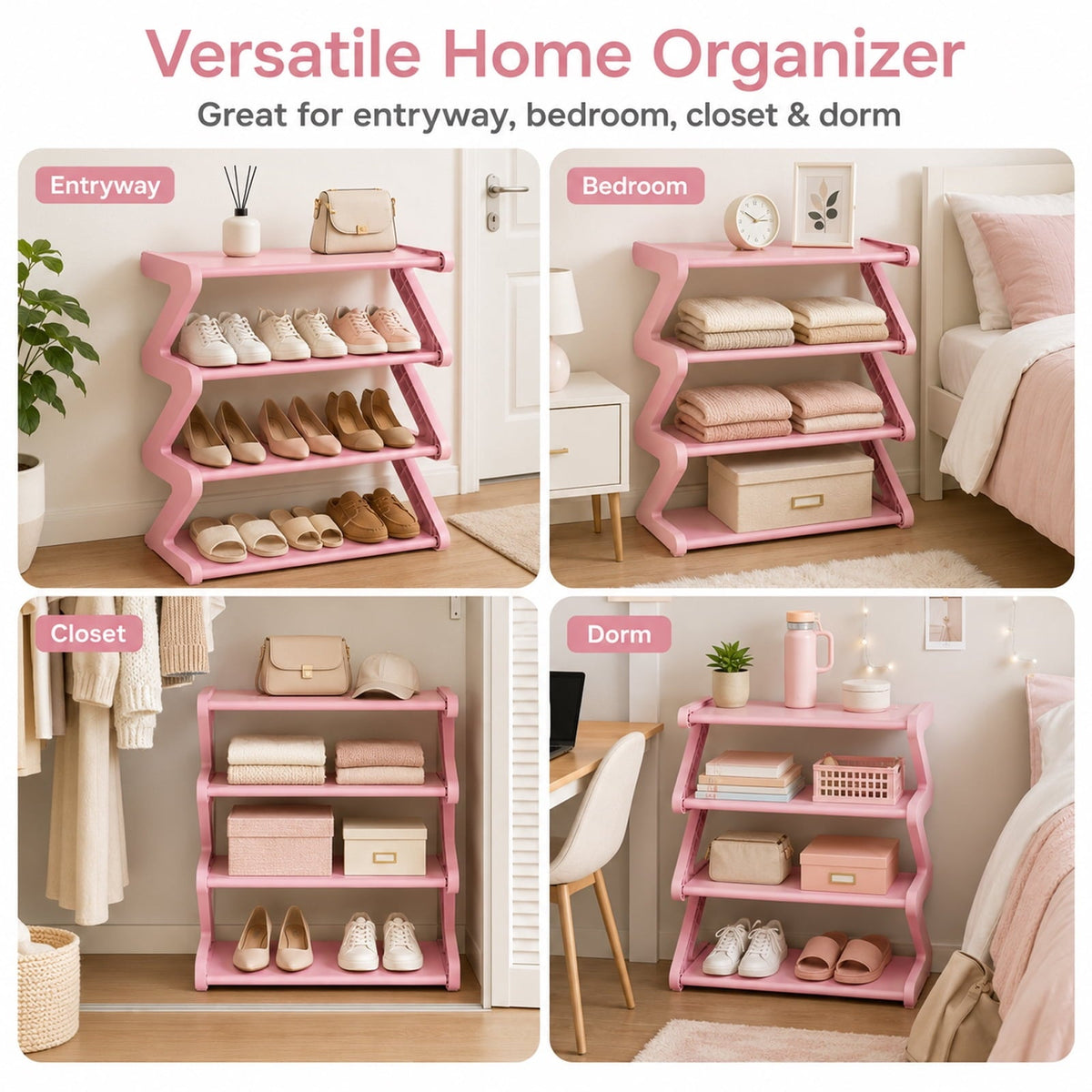 4-Tier Shoe Rack, Pink