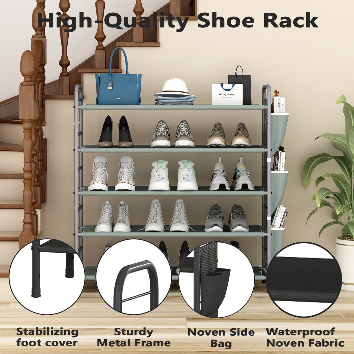 5-Tier Metal Shoe Rack with Side Bag, Holds 18 Pairs