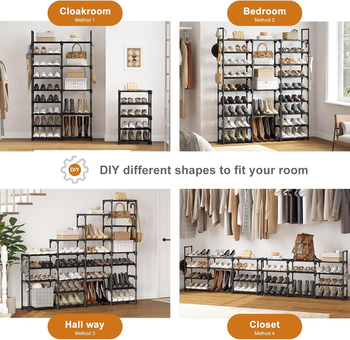 9-Tier Metal Shoe Rack with Hooks, Holds 40 Pairs