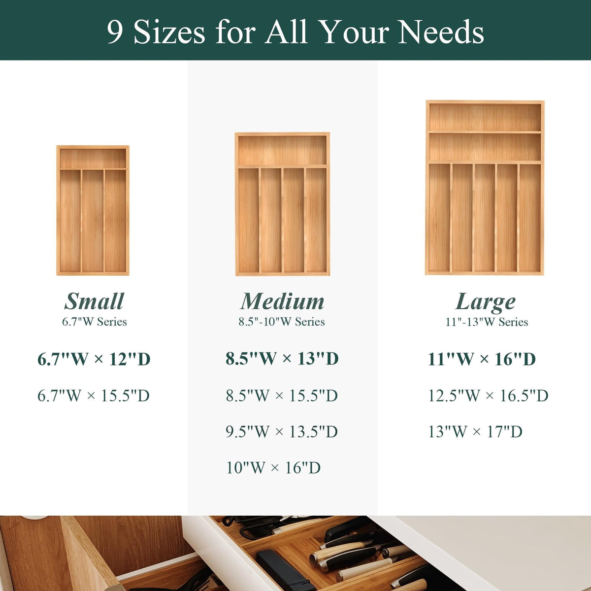 Expandable Bamboo Cutlery Tray with Grooved Dividers