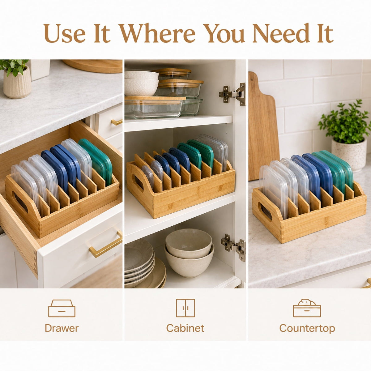 Bamboo Food Lid Organizer with Adjustable Dividers