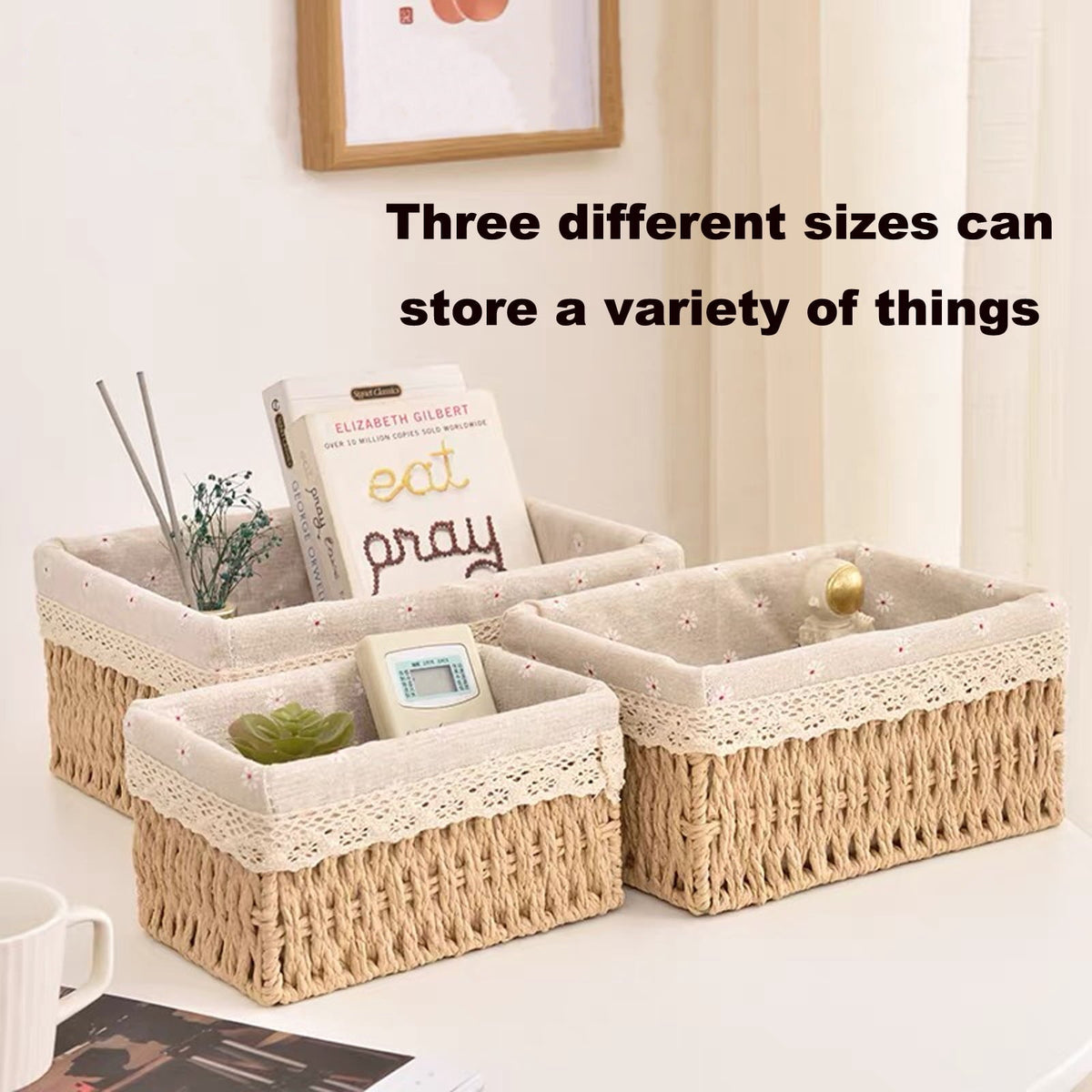 Hand-Woven Paper Rope Baskets with Liners, 3 Pack, Beige
