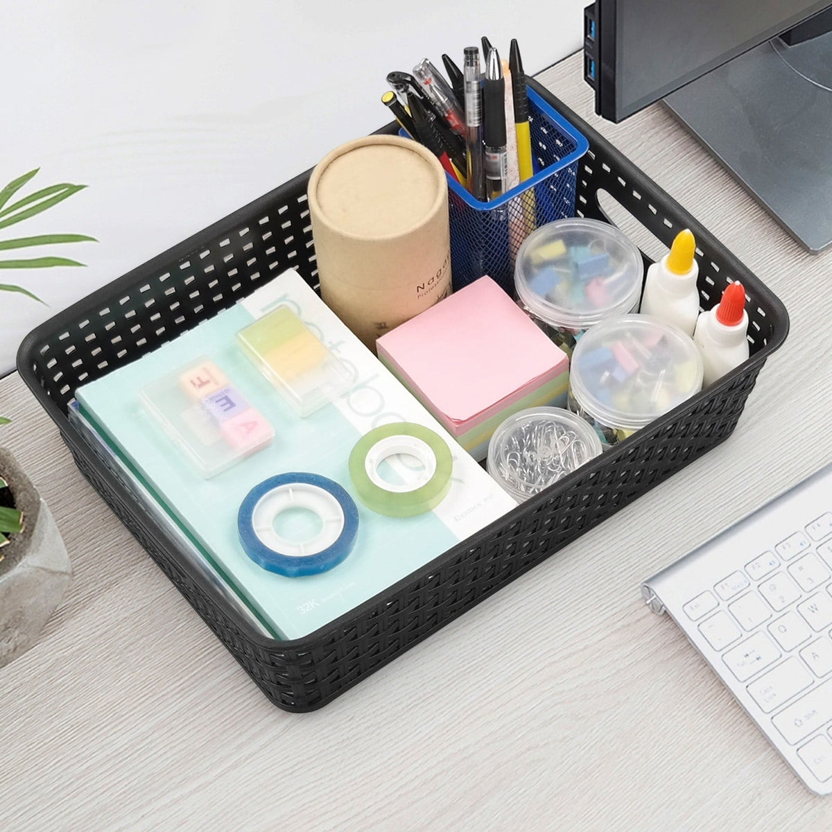Woven-Look Plastic Storage Basket, 10 x 7.7 in, Black