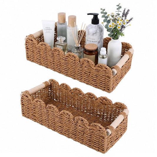 Wicker Baskets with Wood Handles, Rectangular, 2 Pack