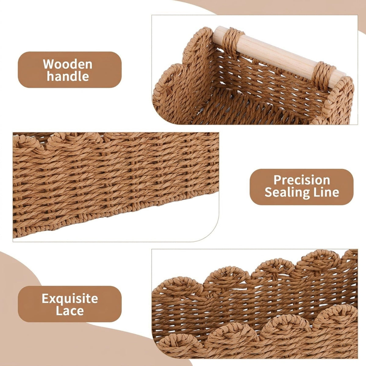 Wicker Baskets with Wood Handles, Rectangular, 2 Pack