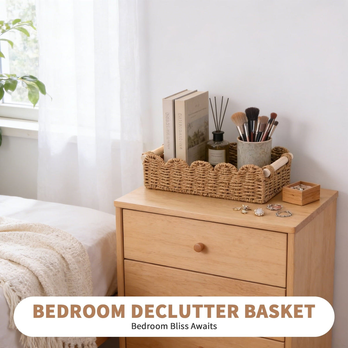Wicker Baskets with Wood Handles, Rectangular, 2 Pack