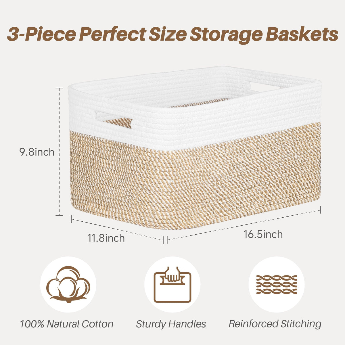 Cotton Rope Storage Baskets, Rectangular, 3 Pack