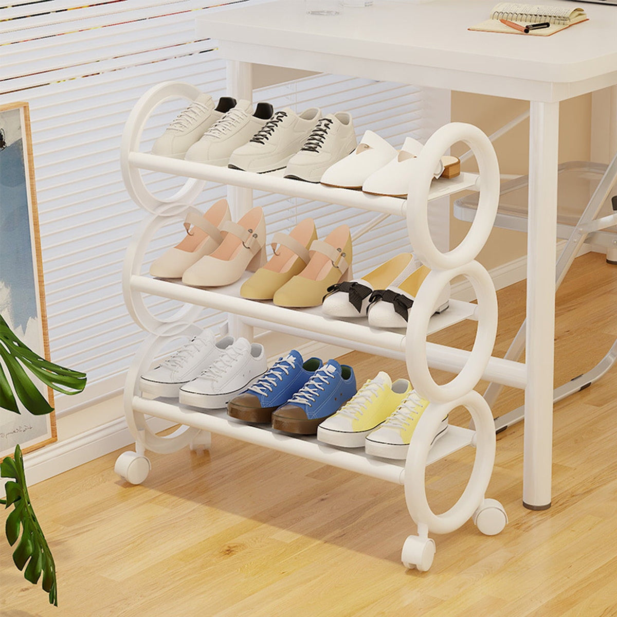 3-Tier Rolling Shoe Rack, White