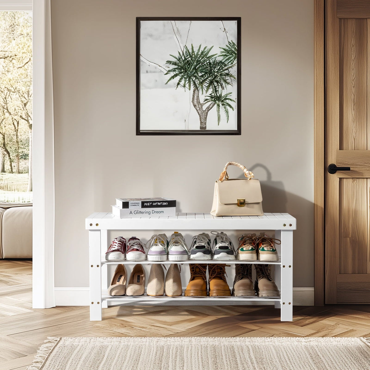 Bamboo Shoe Bench, 3-Tier, 35 in, White