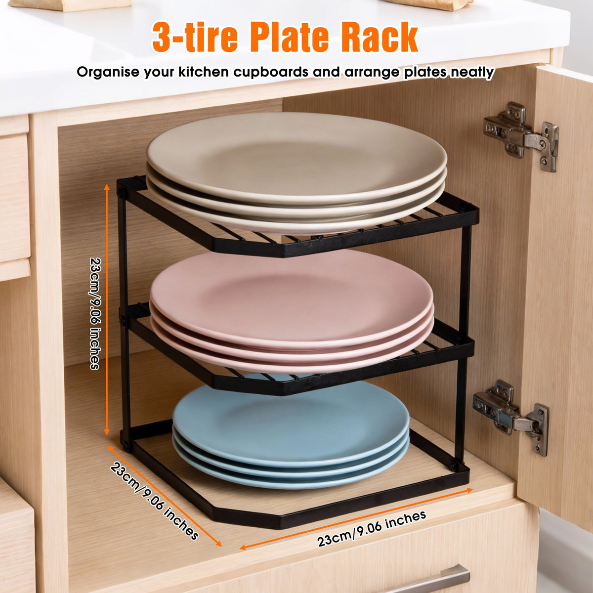 3-Tier Plate Rack for Cabinets, Black