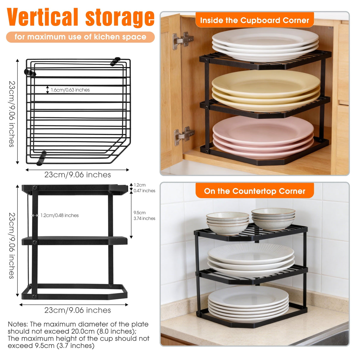 3-Tier Plate Rack for Cabinets, Black