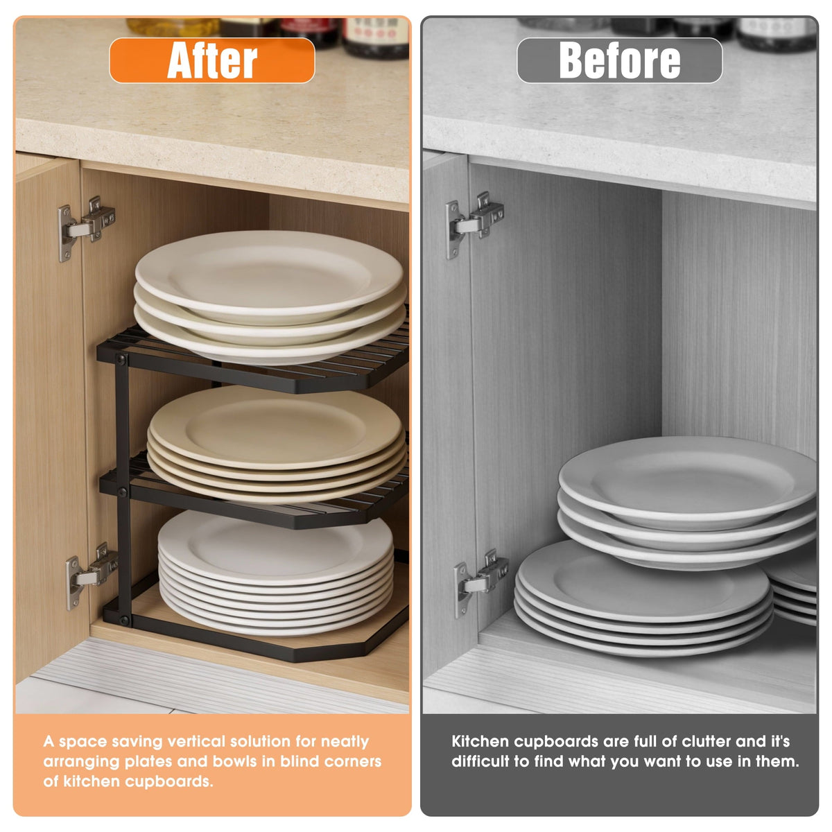 3-Tier Plate Rack for Cabinets, Black