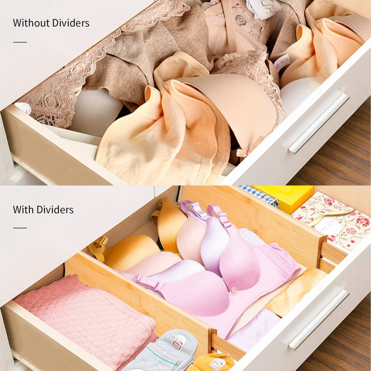 Spring-Loaded Bamboo Drawer Dividers, 4 Pack