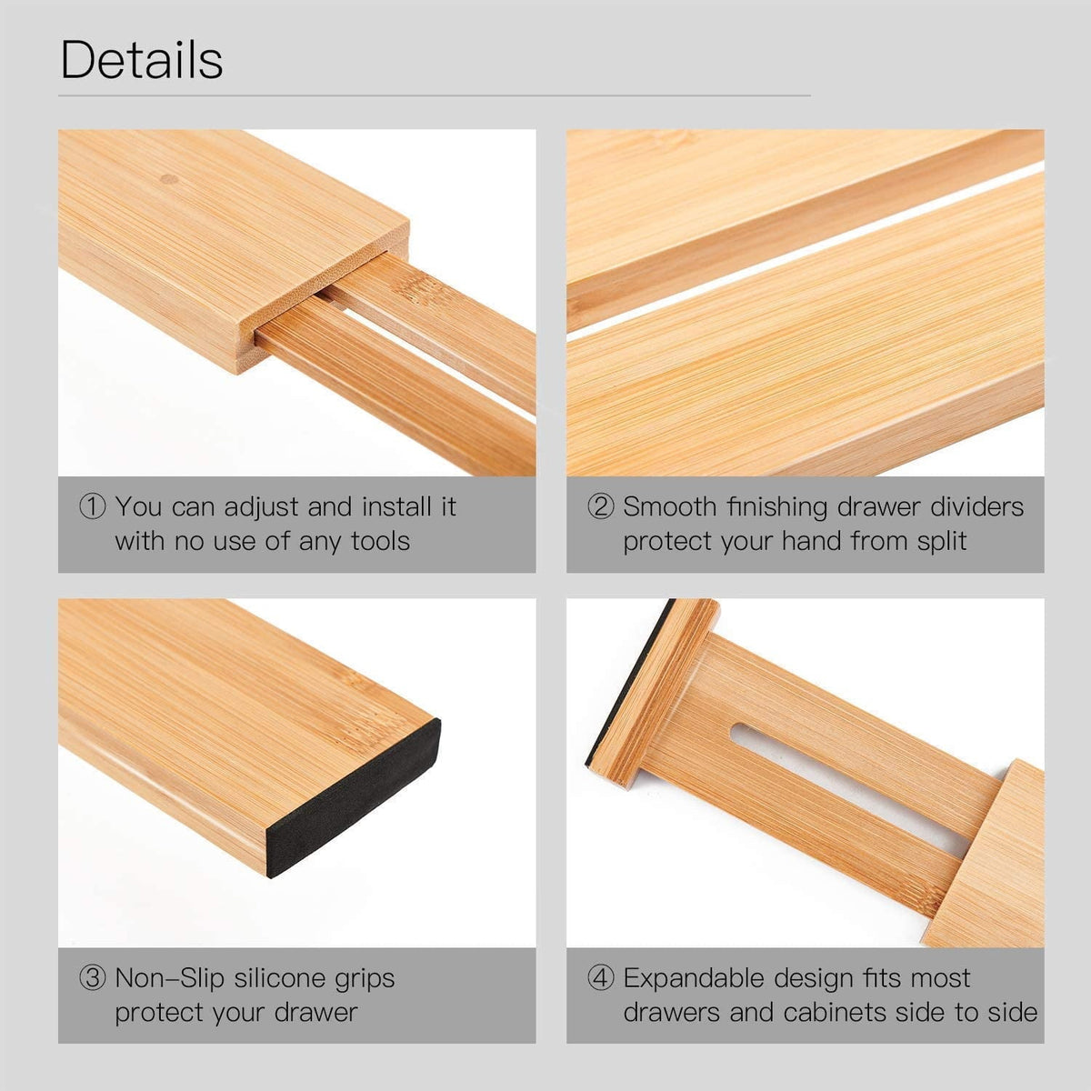 Spring-Loaded Bamboo Drawer Dividers, 4 Pack