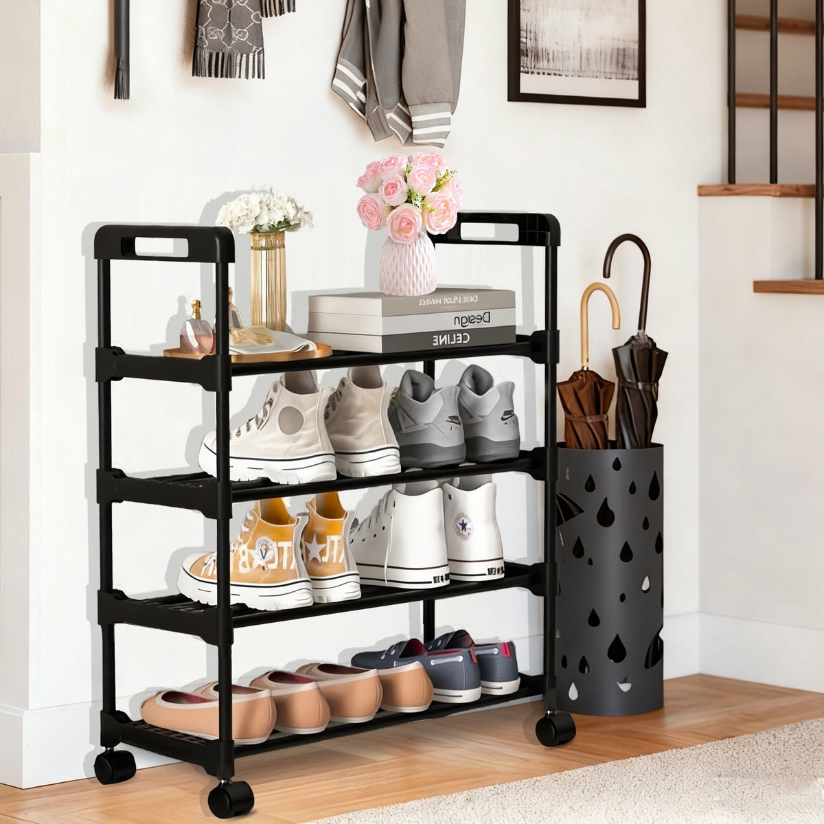 4-Tier Rolling Shoe Rack, Adjustable, Black
