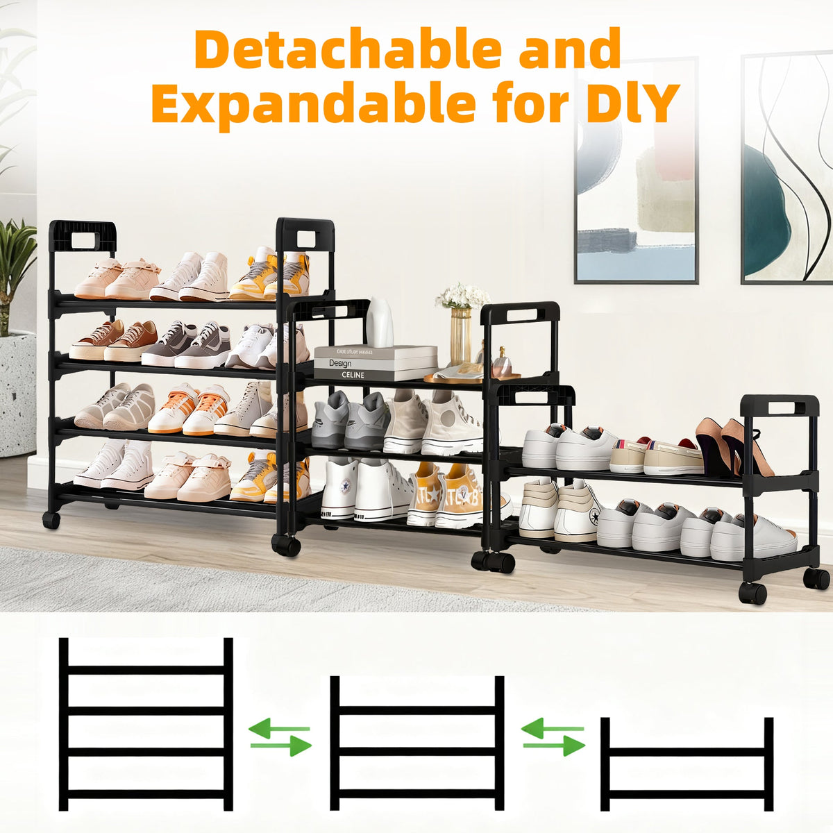4-Tier Rolling Shoe Rack, Adjustable, Black