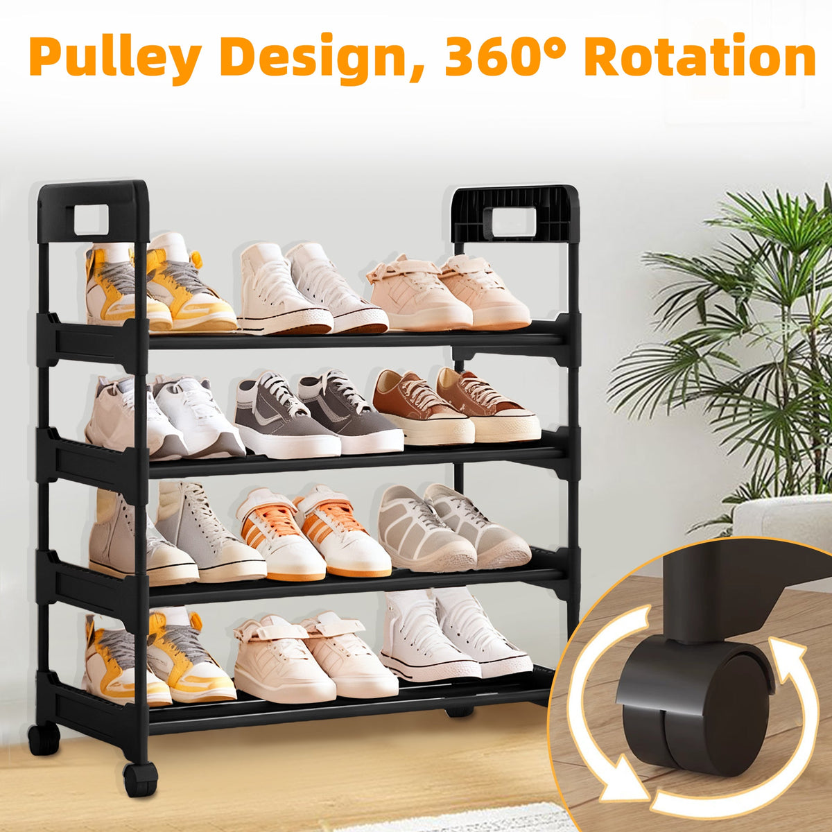4-Tier Rolling Shoe Rack, Adjustable, Black