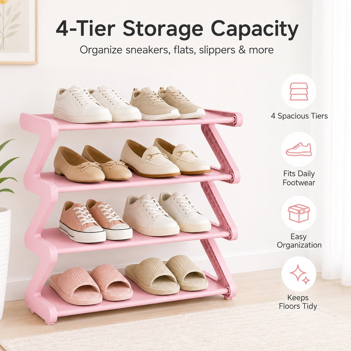 4-Tier Shoe Rack, Pink