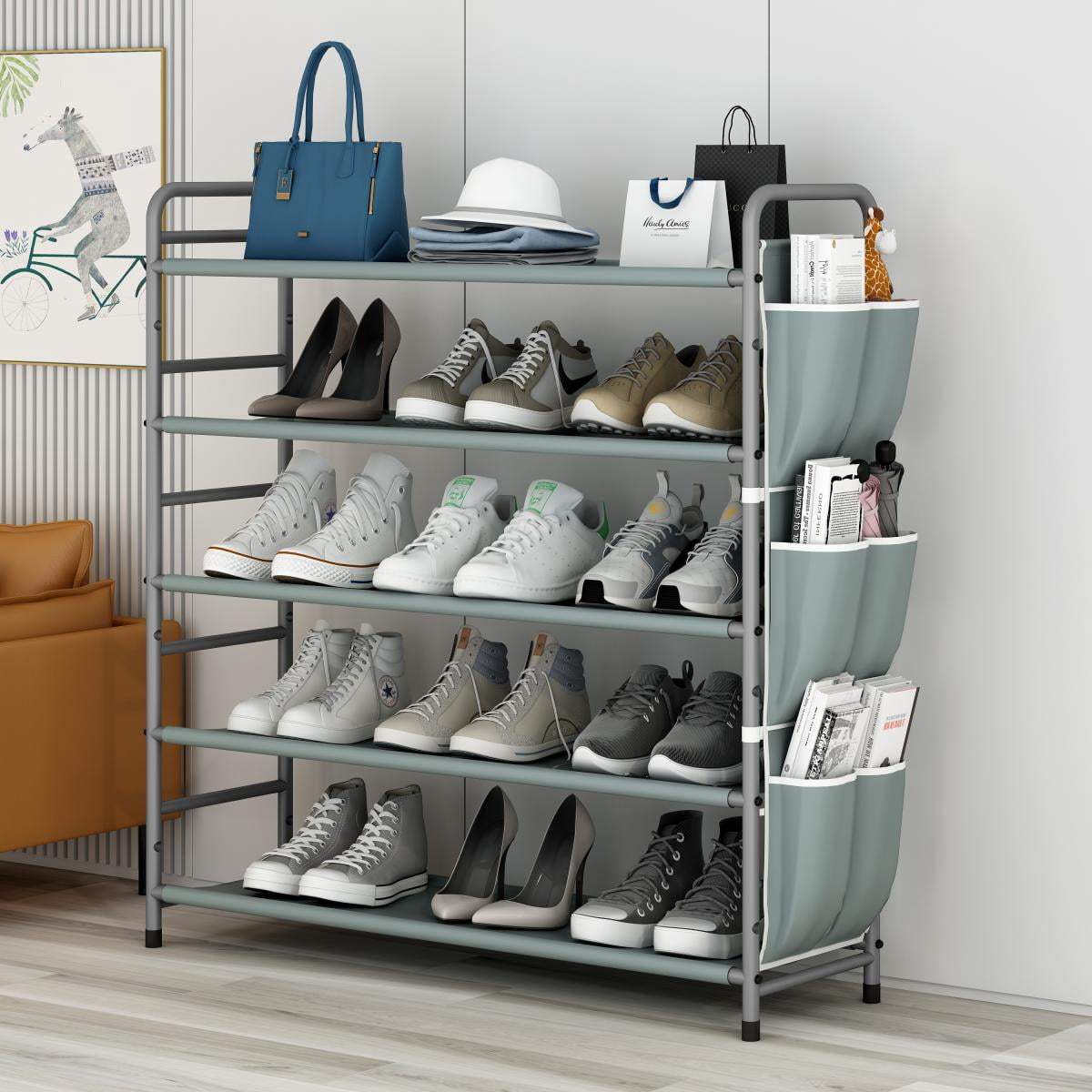 5-Tier Metal Shoe Rack with Side Bag, Holds 18 Pairs