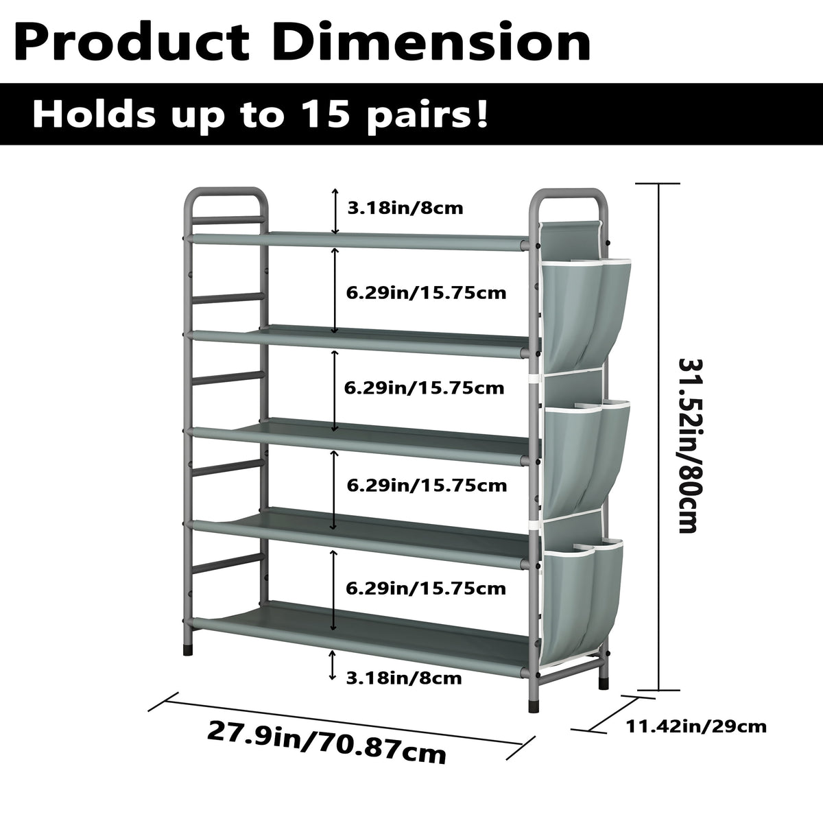 5-Tier Metal Shoe Rack with Side Bag, Holds 18 Pairs