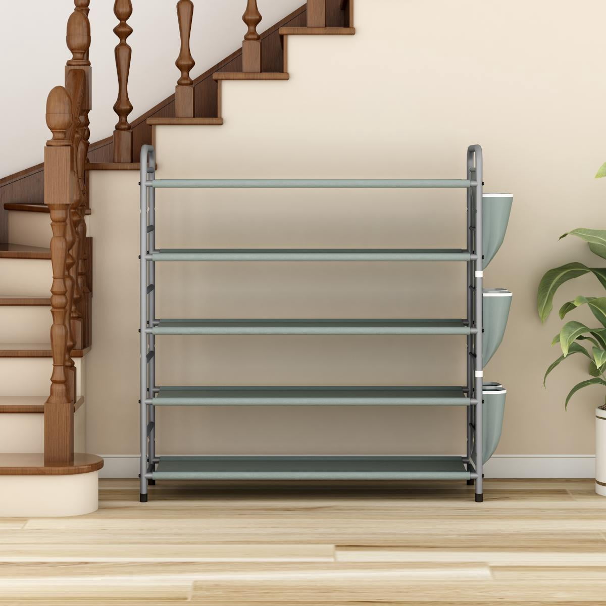 5-Tier Metal Shoe Rack with Side Bag, Holds 18 Pairs