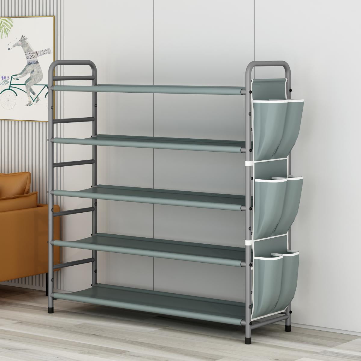 5-Tier Metal Shoe Rack with Side Bag, Holds 18 Pairs