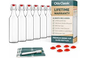 Otis Classic Swing Top Glass Bottles - Set of 6, 16oz w/Marker & Labels - Clear Bottle with Caps for Juice, Water, Kombucha