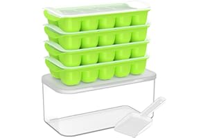 DOQAUS Ice Cube Tray with Lid and Bin - 4 Pack Ice Bucket Kits, Stackable Silicone Ice Trays for Freezer, Easy Pop Out, BPA F