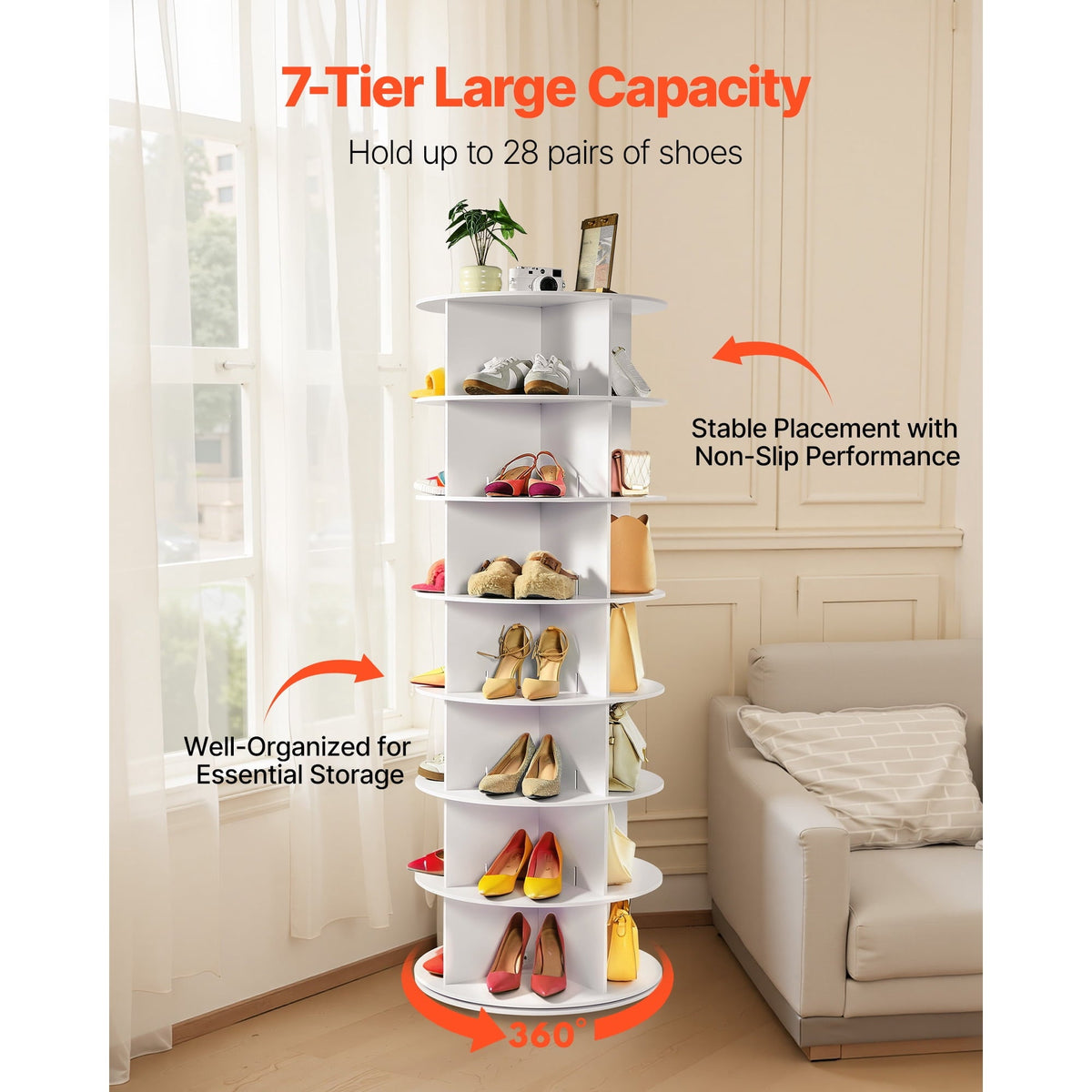 7-Tier Revolving Shoe Rack, 63.8 in, White