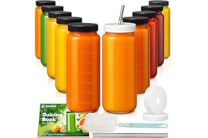Ruckae 16oz 10 Pack Juice Bottles, Glass Bottles with Lids, Smoothie Cup Lids and Straws, Water Bottle Mason Jar Drinking Gla