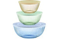 Pyrex Colors Tinted (3-Pack, Full Set) Sculpted Tinted Glass Mixing Bowls With Plastic Lids, Nesting Space Saving Set of Bowl
