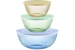 Pyrex Colors Tinted (3-Pack, Full Set) Sculpted Tinted Glass Mixing Bowls With Plastic Lids, Nesting Space Saving Set of Bowl