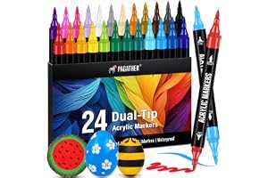 Pagather 24 Colors Acrylic Paint Markers, Dual Tip with Fine Tip and Brush Tip Pens for Fabric, Stone, Wood, Canvas, Ceramic