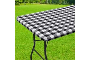 Smiry Rectangle Picnic Table Cloth, Elastic Waterproof Fitted Vinyl Tablecloths, Flannel Backed Buffalo Plaid Table Covers fo