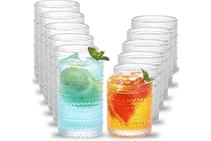 Moretoes Hobnail Drinking Glasses Set of 12, 12 Oz Highball Glasses & 10 Oz Cocktail Glasses, Clear Embossed Boho Glass Cups