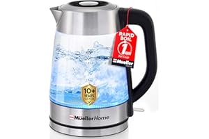 MUELLER HOME Rapid Boil Electric Tea Kettle 1.8L – Borosilicate Glass & Stainless Steel – BPA-Free Hot Water Boiler, LED Ligh