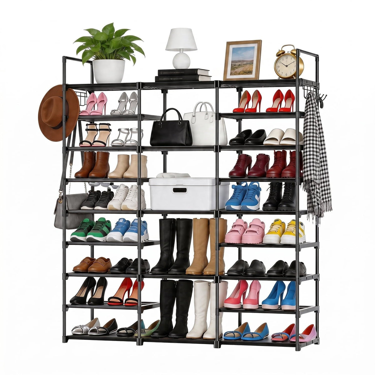 9-Tier Metal Shoe Rack with Hooks, Holds 40 Pairs