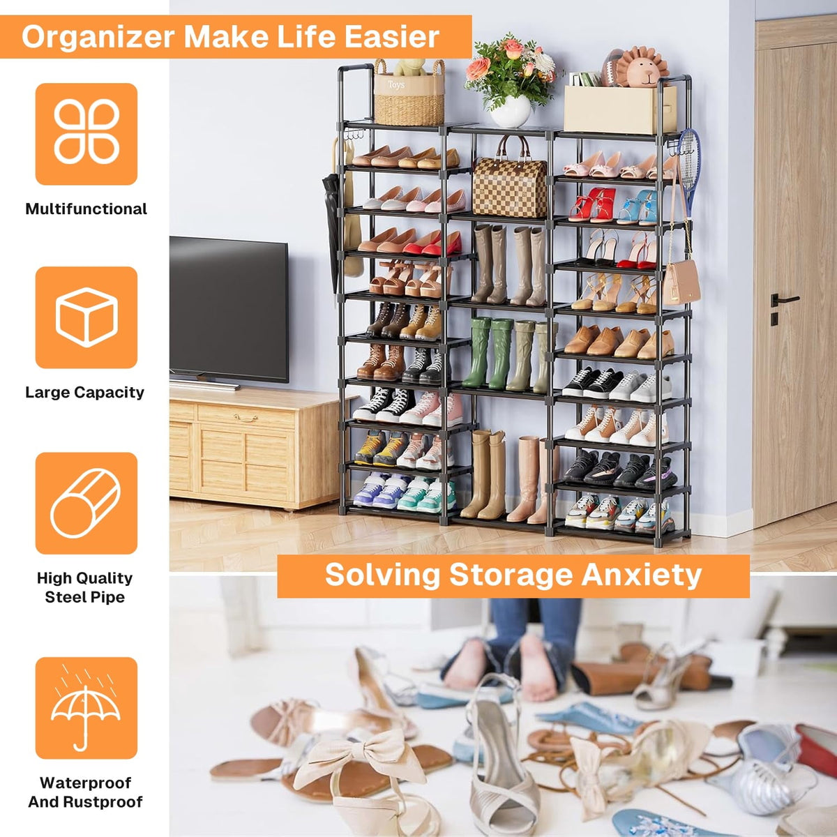 9-Tier Metal Shoe Rack with Hooks, Holds 40 Pairs