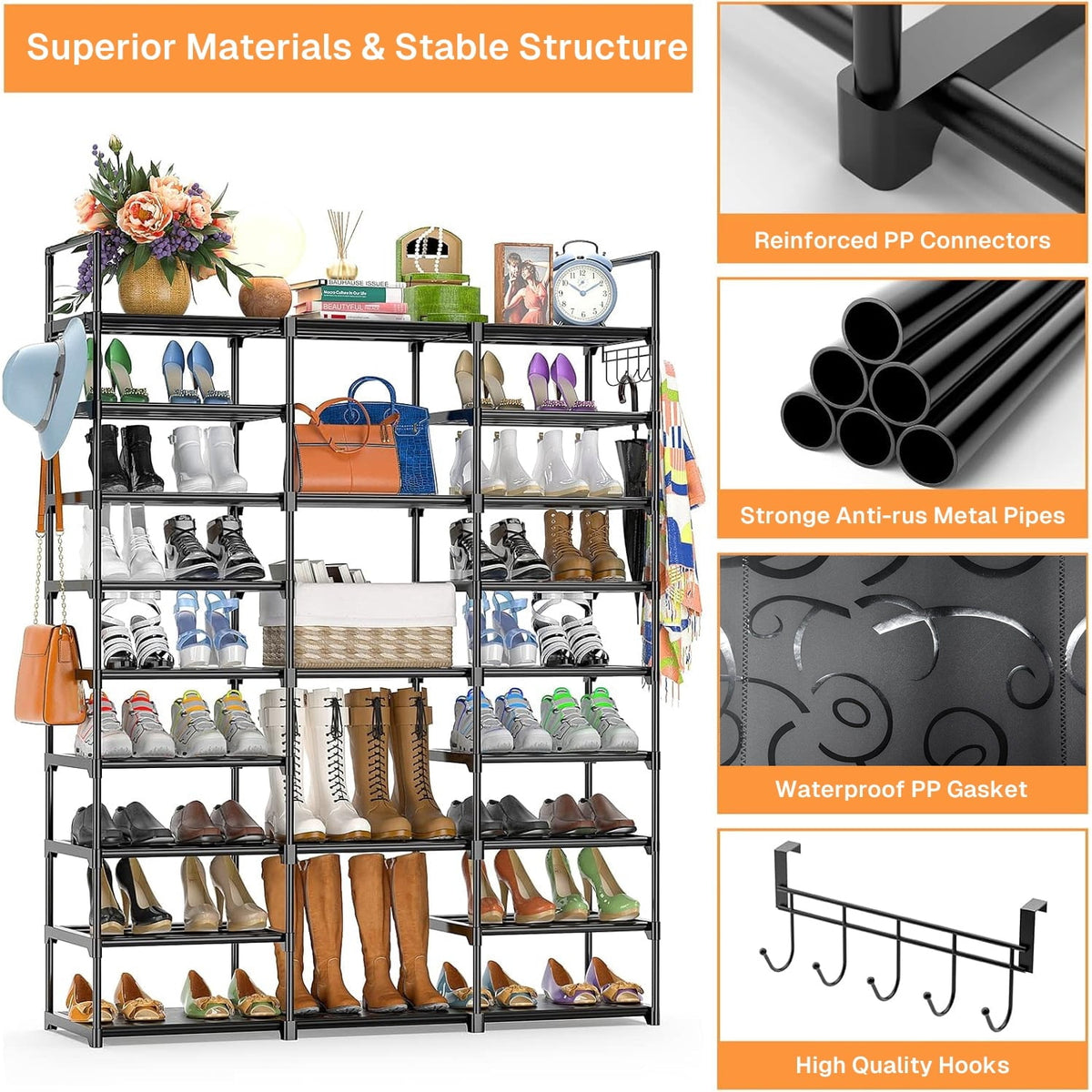 9-Tier Metal Shoe Rack with Hooks, Holds 40 Pairs