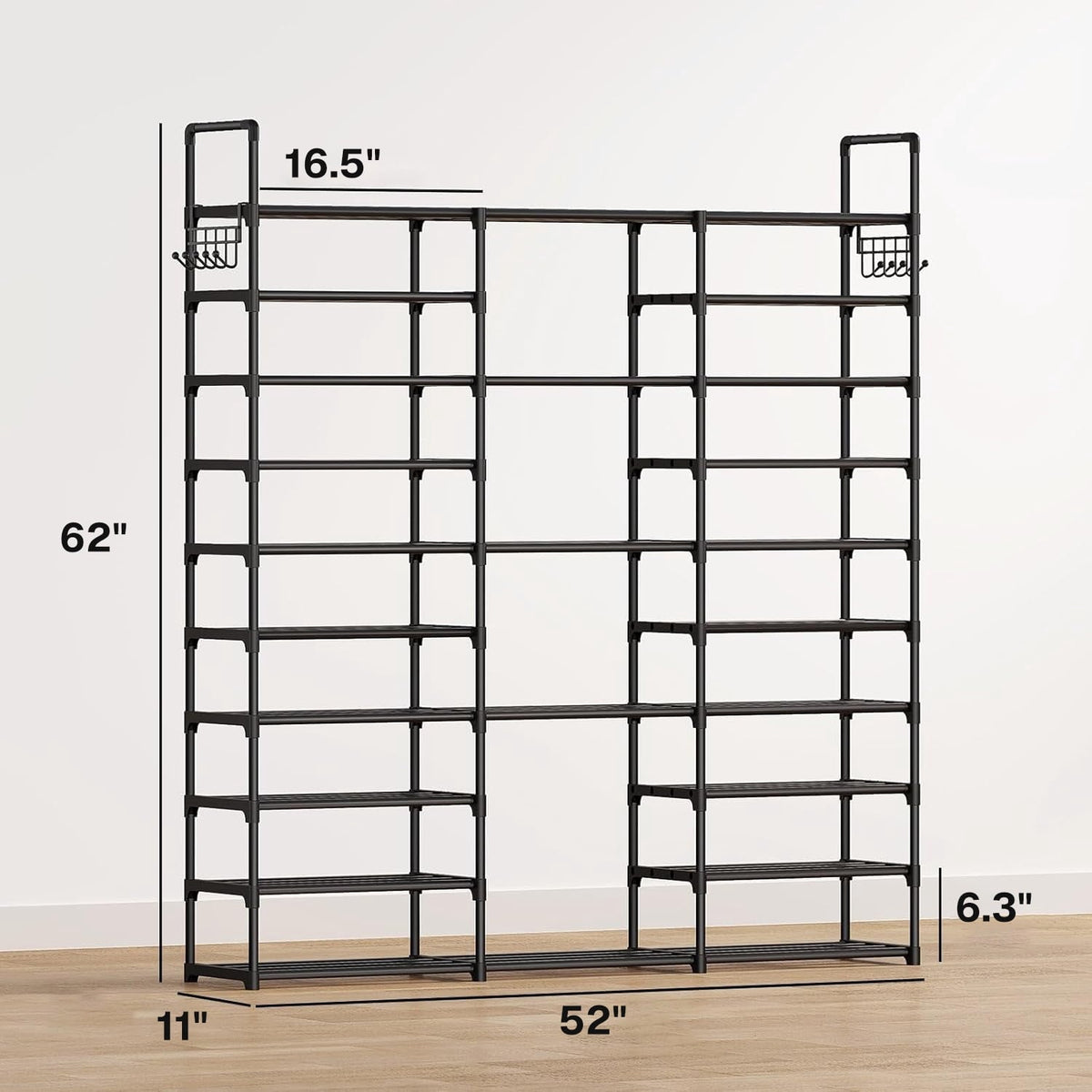 9-Tier Metal Shoe Rack with Hooks, Holds 40 Pairs