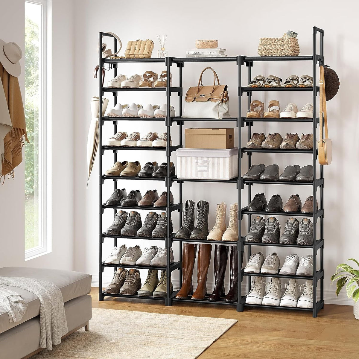 9-Tier Metal Shoe Rack with Hooks, Holds 40 Pairs