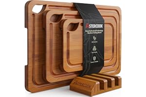 Astercook Deep-Carbonized Bamboo Cutting Boards for Kitchen with Wood Storage Stand, Reversible Charcuterie & Chopping Boards