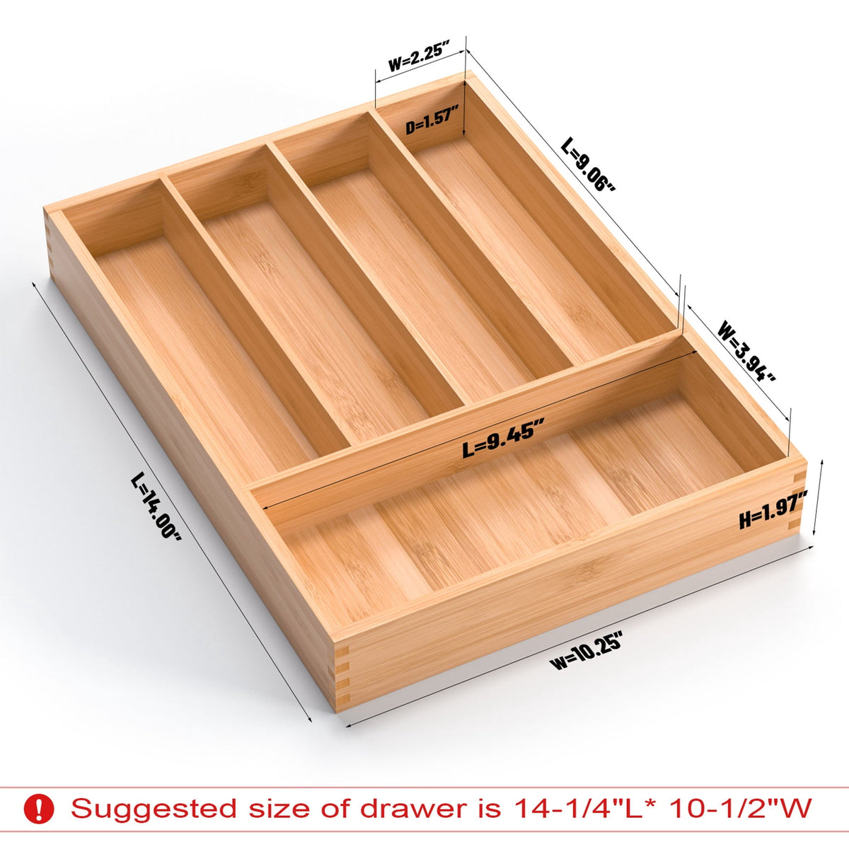 Bamboo Cutlery Tray, 5 Compartments, 14 x 10 in