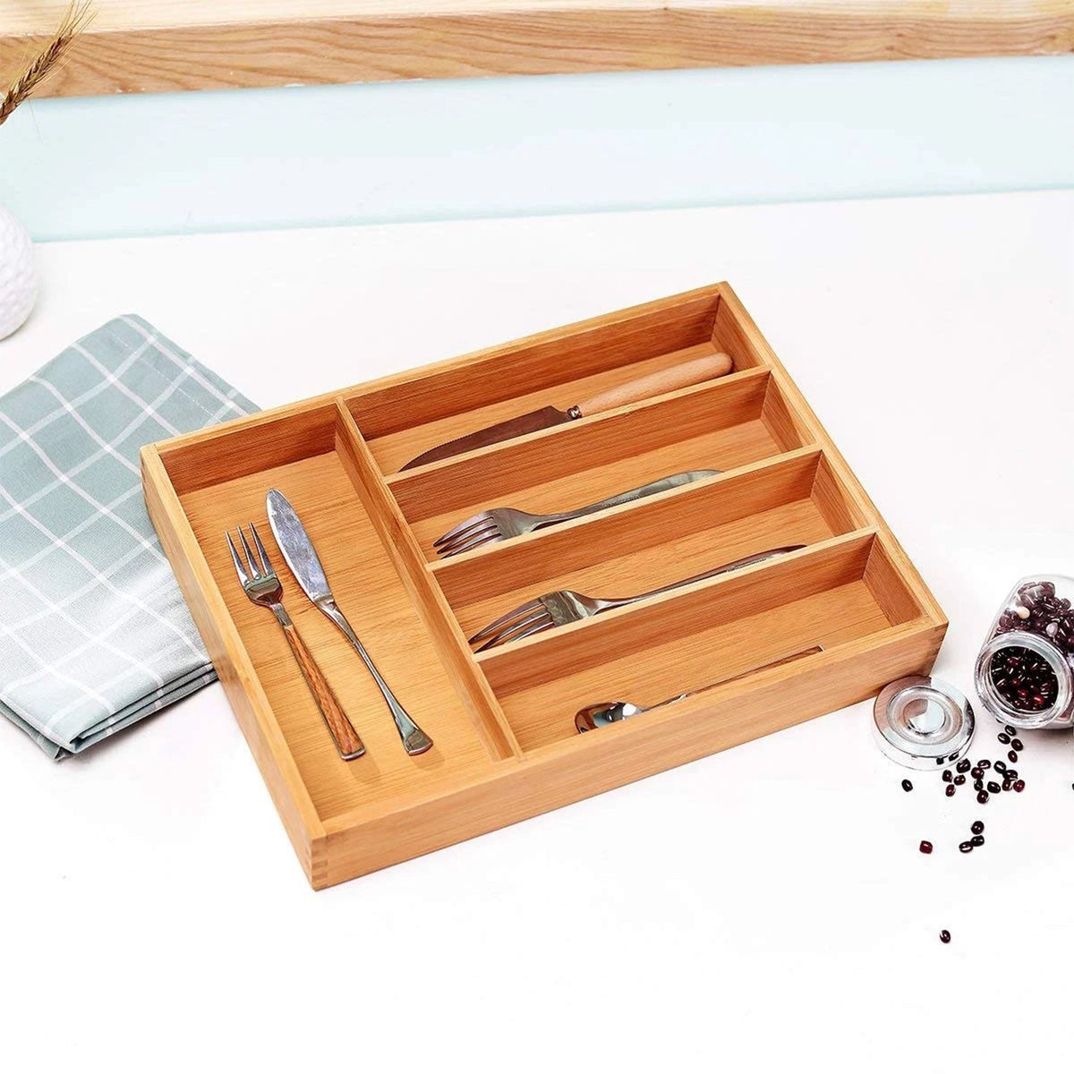 Bamboo Cutlery Tray, 5 Compartments, 14 x 10 in