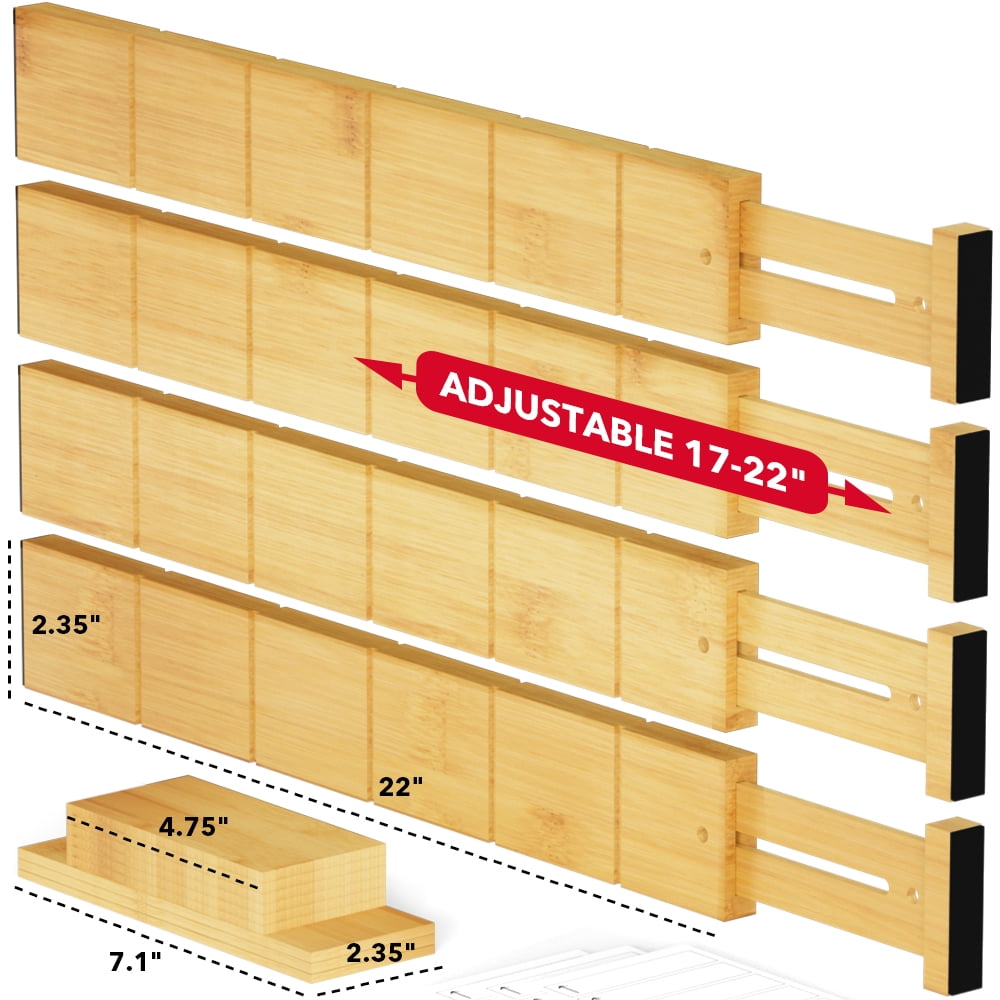 Bamboo Drawer Dividers with Labels, Expandable 17-22 in