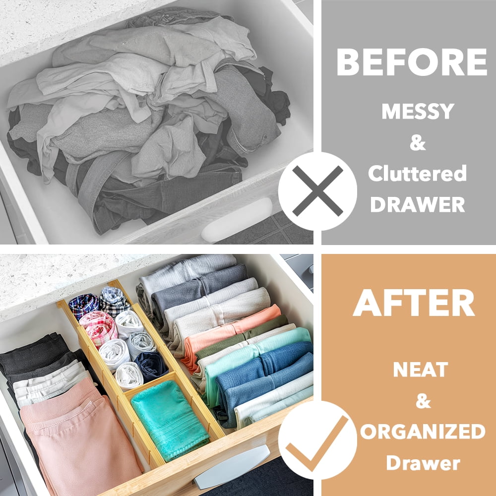 Bamboo Drawer Dividers with Labels, Expandable 17-22 in