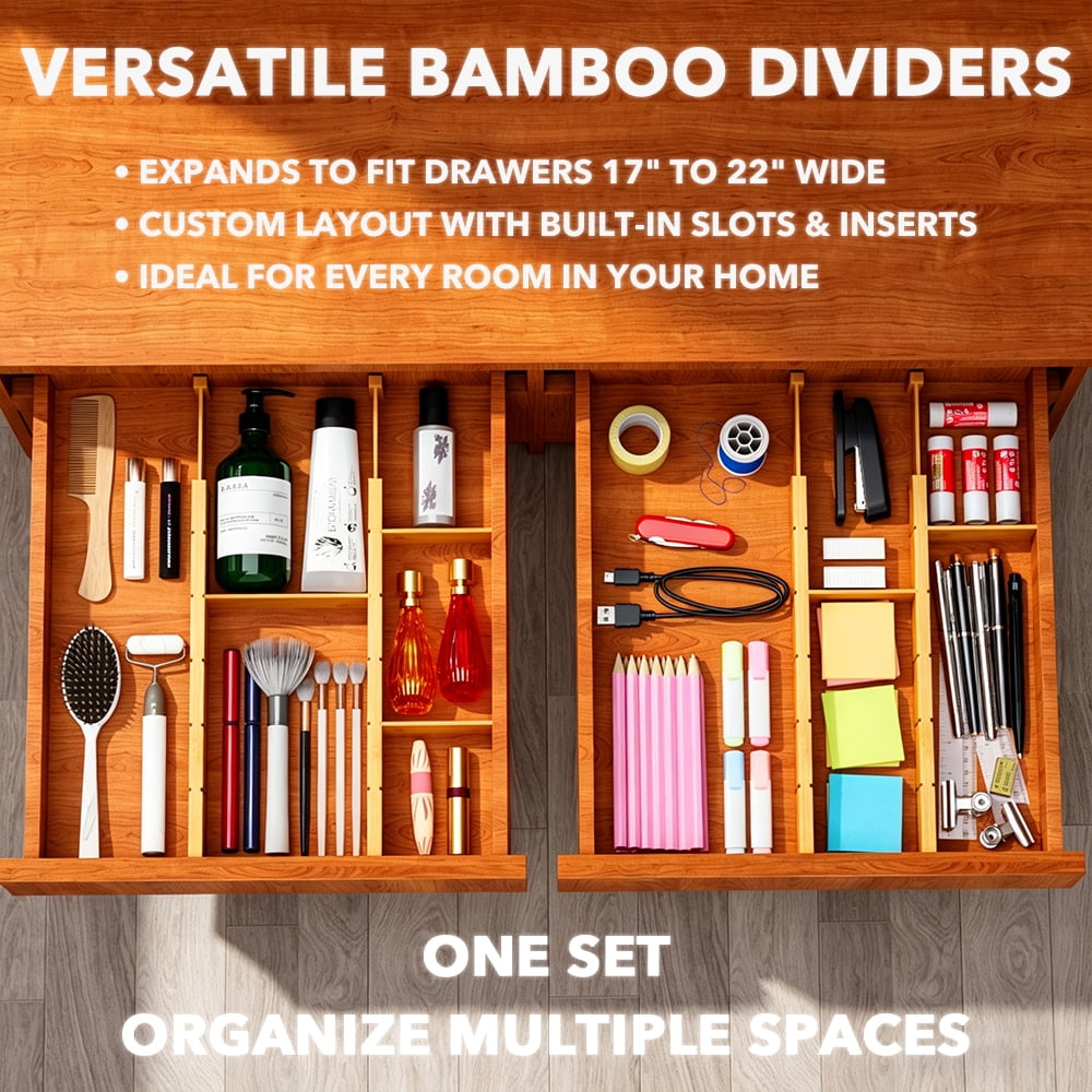 Bamboo Drawer Dividers with Labels, Expandable 17-22 in