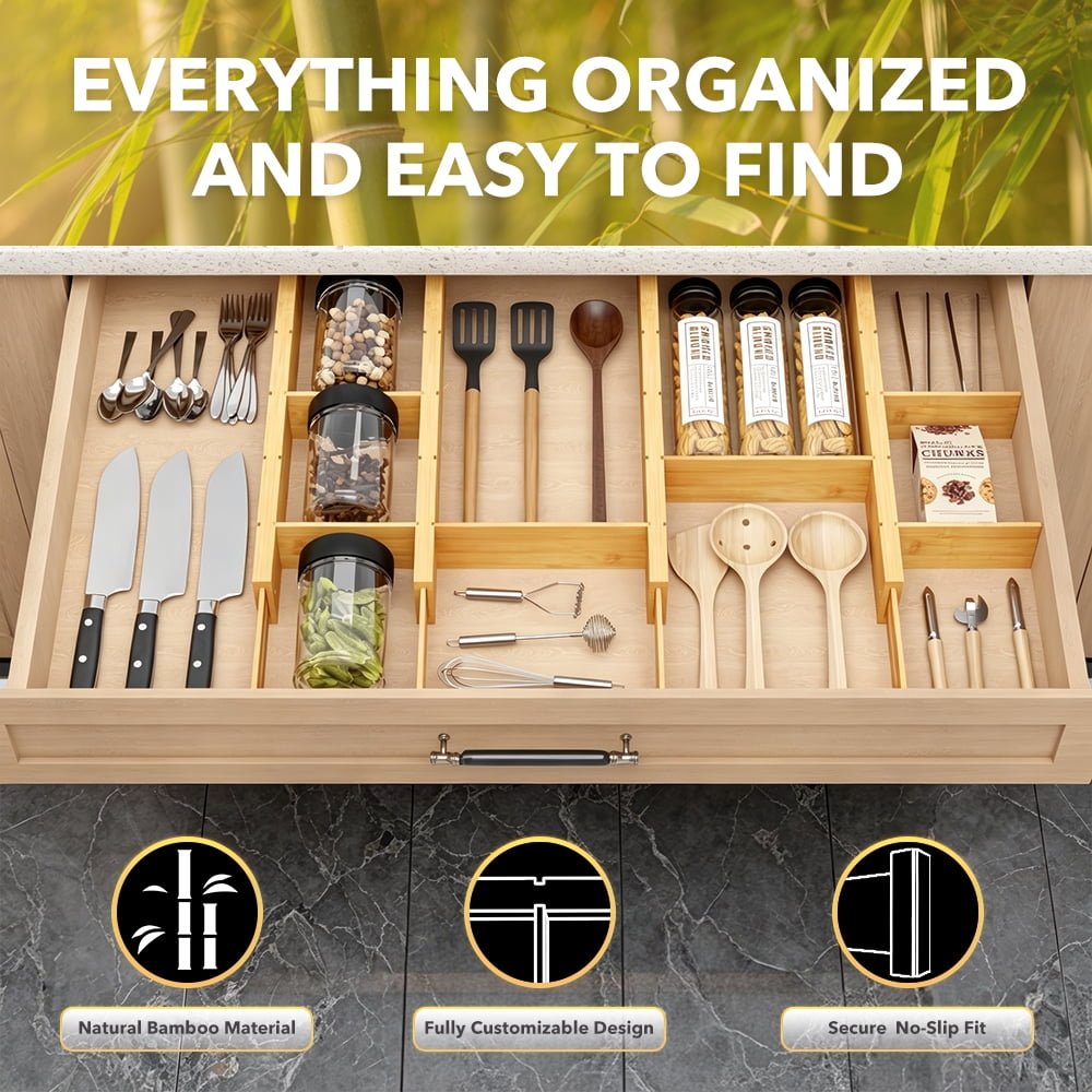 Bamboo Drawer Dividers with Labels, Expandable 17-22 in