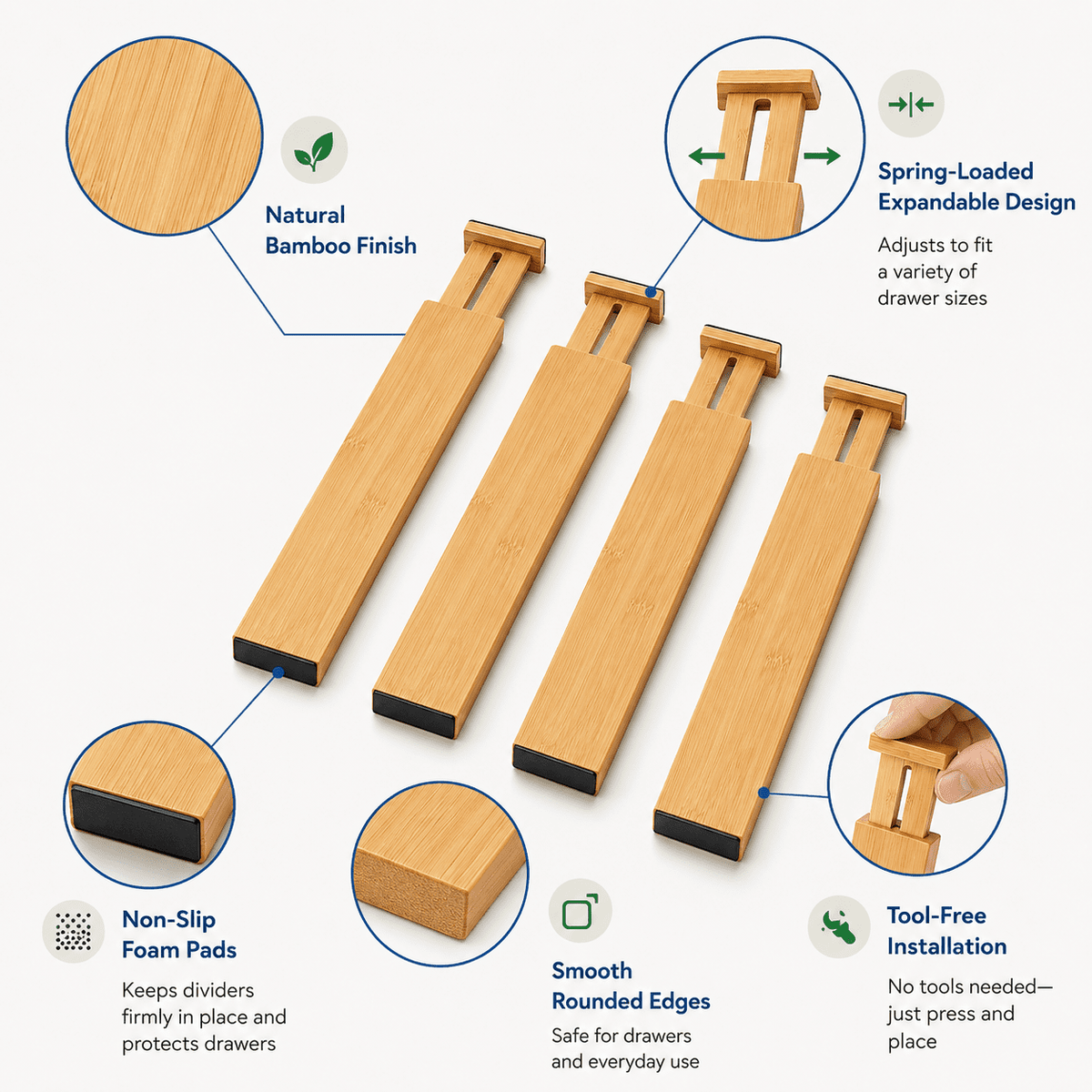 Moso Bamboo Drawer Dividers, Expandable 16.6-21.8 in, 6 Pack